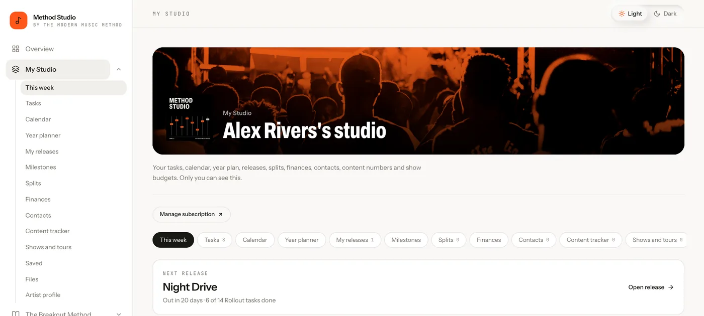 My Studio in Method Studio, showing the next release and the week ahead