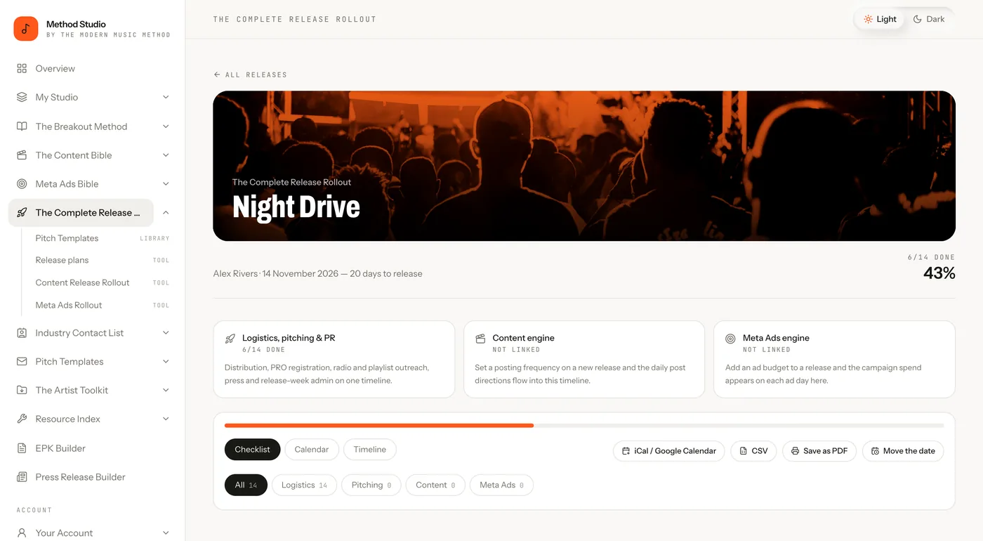 A release plan in Method Studio, with logistics, content and Meta ads on one timeline